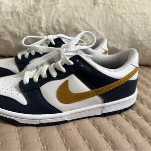 Nike Dunk Low Big Kids' Shoes (FB9109-111, White/ Midnight Navy/Wheat) Size 4